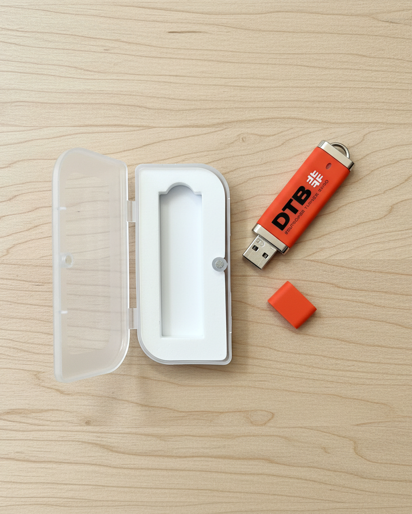 USB-Stick mit Kappe und Box auf hellem Holz